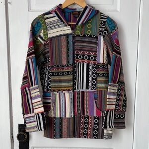 RISING INTERNATIONAL BOHO PATCHWORK ZIP FRONT HOODED JACKET